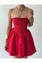 Women's Red Strapless Bow Lace Detailed Corset Look Mini Dress - 2
