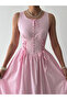 Women's Pink Midi Dress Lace-Up Gathered Buttoned Sleeveless Poplin - 7