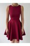 Women's Burgundy Mini Dress, Crew Neck, Sleeveless, with Pockets, Flared Skirt, Stylish Design - 2