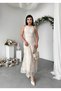 Women's Ecru Midi Dress Sleeveless Round Neck Floral Patterned Lace Evening Dress - 6