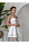 Women's White Strapless Mini Dress with Bow Detail and Contrast Piping Flared Cut - 3