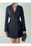 Women's Black Double Breasted Jacket Dress Lace-Up Waist Gathered Long Sleeve Mini - 2
