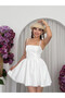 Women's Ecru Mini Dress Square Collar Lace Strap Corset Look Poplin