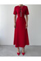 Women's Red Midi Dress with Stone Bow Detail, Crew Neck, Short Sleeves - 2