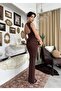 Women's Coffee Color Midi Dress Backless Gathered Sleeveless Slim Fit Diver Fabric - 5