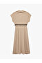 Aerobin Fabric Pocketed V-Neck Short Sleeve Belt Detailed Flared Cut Midi Dress - 2