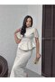 Women's White Midi Dress with High Neck, Balloon Sleeves, Ruffles, Floral Pattern, Chiffon - 3