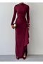 Women's Burgundy Long Sleeve Draped High Collar Slit Detailed Long Dress - 2