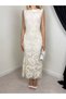 Women's Beige Midi Lace Embroidered Sleeveless Ballerina Collar Lined Event Dress - 4