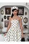 Women's Ecru Strapless Polka Dot Atlas Fabric Waist-Fitted Long Dress
