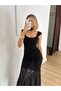 Women's Black Lace Detailed Off-The-Shoulder Asymmetrical Cut Long Evening Dress - 2