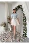 Women's Floral Pattern Blue Mini Dress Floral Pattern Belt Detailed Balloon Sleeve Linen - 7