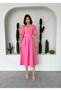 Women's Pink Midi Dress Square Neck Balloon Sleeves Pleated A-Line Woven - 4