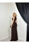 Women's Coffee Color Maxi High Neck Sleeveless Draped Slit Bodycon Dress - 2