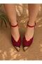 Ri̇na Red Lace 3 cm Heel Shoes with Pointed Toe and Straps - 3