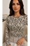 Women's Ecru Zebra Patterned Crew Neck Basic Long Sleeve Soft Stretch Fabric Blouse - 5