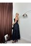 Women's Black Strappy V-Neck Floral Appliqué Ruched Midi Evening Dress - 3
