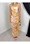 Women's Orange Strappy Square Neck Gathered Floral Patterned Maxi Fitted Dress - 3