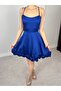 Women's Cobalt Blue Thin Strap Square Neck Flared Skirt Ruffle Hem Mini Event Dress - 4