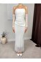 Women's White Strapless Lace Sleeves Asymmetrical Cut Fish Form Maxi Evening Dress - 4