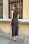 Women's Black Belted Buttoned Sleeveless Midi Dress with Slit and Pocket Detail - 6