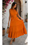 Timeless Elegance - Belted Buttoned Shirt Collar Layered Long Tricotone Dress - 4