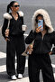 Muchi Black Fur Hooded Loose Fit Kangaroo Pocket Premium 3 Thread Thick Sweatshirt Tracksuit Set