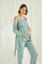 Lace Front Buttoned Maternity 3-Piece Pajama Set, Aqua Green Stylish Maternity Combination, Transparent Guipure Detailed 3-Piece Pajama Robe.