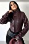 Women's Corset Detailed Stand Collar Crop Biker Leather Jacket - 2