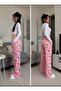 Pink Character Printed Wide Leg Lace-Up Y2K Sweatpants - 2