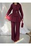Women's Gold Buckle Bow Detailed Peplum Blouse with Wide Leg Pants Set 3152 - Burgundy - 5