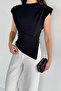 Black Women's Shoulder Padded Draped Asymmetrical Cut Blouse - 2