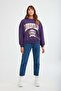 Ramona Women's Oversize Soft Fleece Lined Organic Cotton Printed Round Neck Purple Sweatshirt - 5