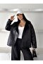 Else Black Textured Suede Oversize Zr Model Coat with Plush Inside - 2