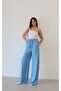 Women's Light Blue Palazzo Trousers High Waist Elastic Lace-Up Side Pockets Wide Leg - 3