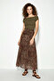 Women's Waist Drawstring Detailed Shawl Patterned Lined Chiffon Maxi Skirt Brown Green - 4