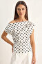 Women's Boat Neck Draped Polka Dot Ecru Black Blouse - 8