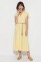 Women's Double-Breasted Collar, Elastic Waist Belt, Detailed Lined Linen Yellow Dress - 5