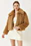 Women's Collared Faux Fur Lined Tan Coat - 4