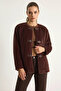 Women's Leather Buckle Detailed Lined Wool Textured Brown Coat - 5