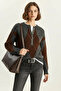 Women's Buttoned Diamond Patterned Basic Knitwear Anthracite Brown Sweater - 4