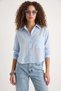 Women's Self-Striped Half-Sleeve Baby Blue Shirt with Single Pocket Detail