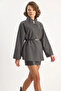 Women's Gold Button Detailed Stand Collar Belted Poncho Anthracite - 3