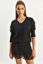 Women's Self-Textured V-Neck Black Sweater