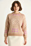 Women's Patterned Long Sleeve Crew Neck Knitwear Mink Sweater