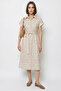 Women's Embossed Patterned Midi Beige Dress with Elastic Waistband