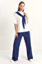 Women's Shawl Detailed Basic Elastic Waist Loose Trousers Bottom Top Modal Navy Blue White Set - 4