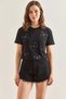 Women's Pearl Stone Embroidered Combed Cotton Black T-Shirt