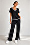 Women's V-Neck Short Sleeve Stripe Detailed Blouse and Trousers Two-Piece Set - 3