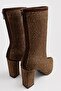 Sky Women's Brown Suede Gold Stone Boots - Pointed Toe Stone Embellished Thick Heeled Back Zipper Boots - 5